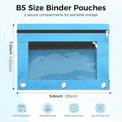 Pencil Pouch for 3 Ring Binder, Pencil Case Bag with Zipper, 600D Fabric Pencil Pouch Holder Accessories, Clear Window Pencil Case Aesthetic Back to School Organizer Pockets for Boy Girl (Sky Blue)