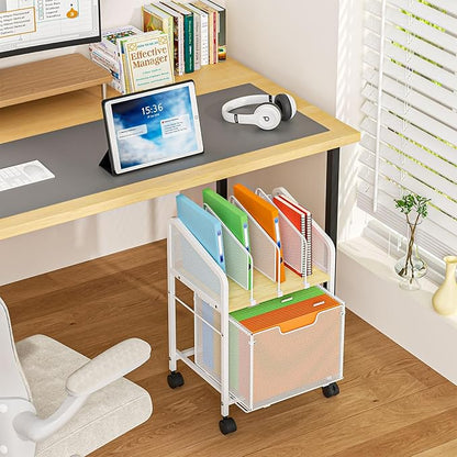 Tiaoheka Rolling File Cabinet with Adjustable Dividers, Mobile Filing Cabinet with Storage Drawer on Lockable Wheels, Hanging File Organizer Beside Under Desk for Office, Home, White（Patent Pending）