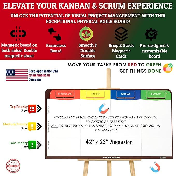 PMXBOARD Magnetic Kanban & Scrum Board – Lightweight Agile Whiteboard with Customizable Headlines | Project Planning Board for Home, Office & School | Includes Easel, Markers, Eraser & Wall Mount Kit