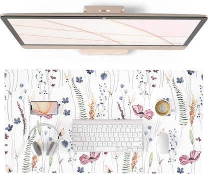 QiyI Large Mouse Pad, Cute Flower Desk Mat for Desktop, Women Girls Floral Office Décor Accessories, PU Leather Waterproof Big Gaming Mousepad, Wildflowers Desk Pad Computer Mat, 31.5" x 15.7"