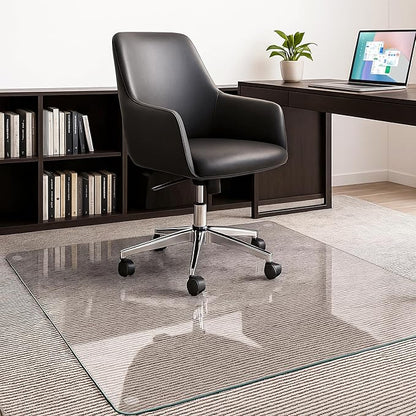 JAMBALAY 55″×46″ Tempered Glass Chair Mat, Heavy Duty Glass Office Floor Mat for Carpets and Wooden Floor, with 12 Anti-Slip Pads, Polished Edges and Round Corners, Easy Roll On, Thick 0.2″