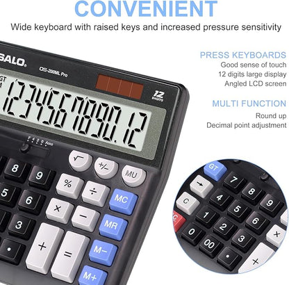 OSALO Desktop Calculator Extra Large Display 12 Digits Big Buttons Solar Accounting Calculator for Office Black (OS-200ML)