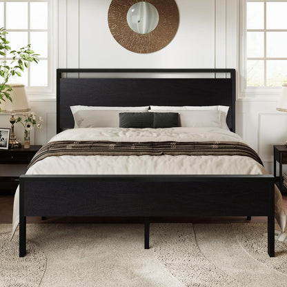 Full Size Bed Frame, Heavy Duty 12 Metal Slats Support, Black Oak