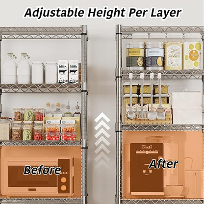 Metal Storage Shelves 5 Tier with Wheels, 1100 LBS Adjustable Wire Shelving Rack Shelves Units with Side Handle for Hanging, Rolling Shelf Organizer for Kitchen Garage, 11.8" W x 23.6" D x 61"H,Silver