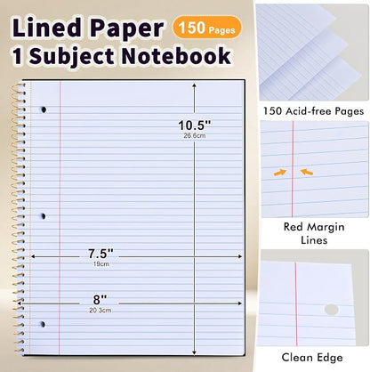 Spiral Notebook College Ruled Paper 8" x 10-1/2", 1 Subject Spiral Notebook 80GSM Paper, 3-Hole Punched Perforated Pages Ideal for School, Office, Writing, 75 Sheets Lined Journaling Notebook, Black