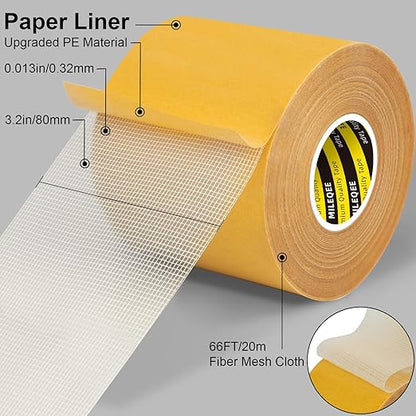 MILEQEE Double-Sided Tape Strong and Tough, Extra Large 3.2in x 66FT(20m), Durable Duct Cloth Carpet Rugs Fiberglass Mesh Tape, High Stickiness 2 Sided, Multipurpose Removable Residue-Free, Easy Tear