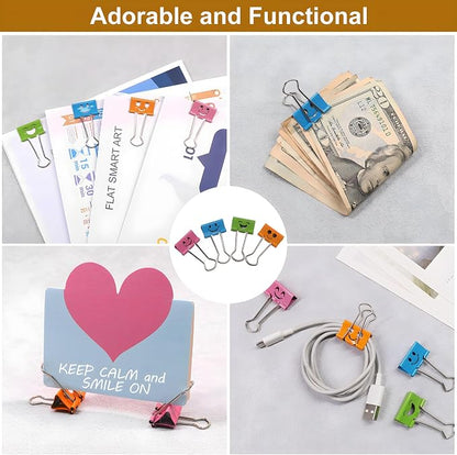 Coideal Cute Smiley Face Binder Clips, 48 Pack 1 Inch Medium Metal Paper Clamps, Assorted Colors Hollow Design for Office School Home Organization (25mm)