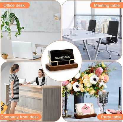 Amyhill 2 Pieces Wood Business Card Holder for Desk Wooden Business Card Display Stand Postcard Holder for Office Home Desktop (Wood Color, Gold)
