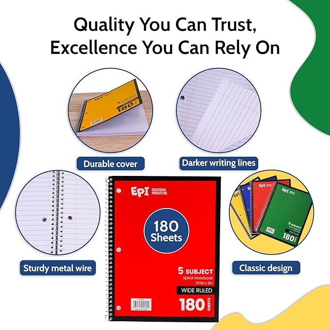 EPI Spiral Notebook | 5 Subject - Wide Ruled - 180 Sheets, Durable Spiral Binding | 10.5 x 8 in | Classroom Supplies | School, Office, Note Taking, Journaling - 6 Pack