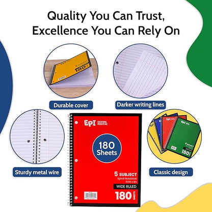 EPI Spiral Notebook | 5 Subject - Wide Ruled - 180 Sheets, Durable Spiral Binding | 10.5 x 8 in | Classroom Supplies | School, Office, Note Taking, Journaling - 3 Pack