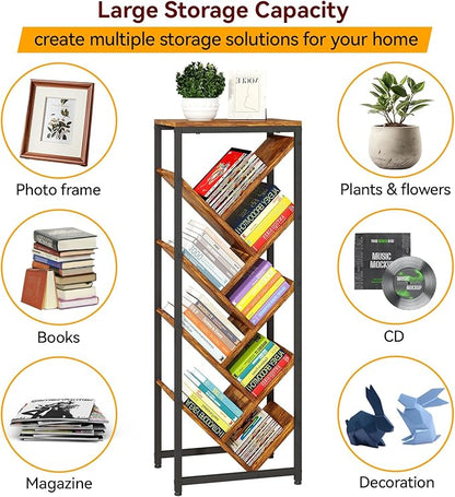 IBUYKE 9 Tier Tree Bookshelf, Floor Standing Wood Bookshelf for Narrow Space, Storage Organizer Bookcase for Books/CDs/Movies, Small Corner Bookcase for Bedroom Living Room,Rustic Brown,TBC002H