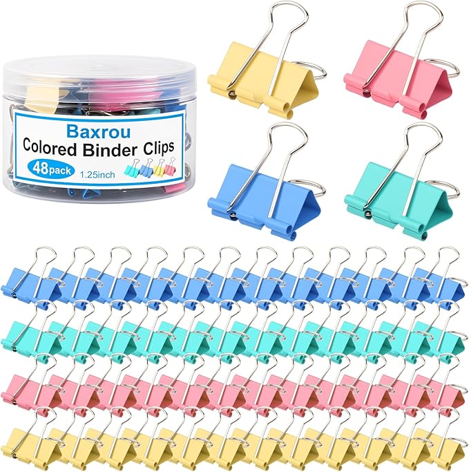 Colored Binder Clips,Medium Binder Clip 1.25 Inch (48 Pack) with Container,Color Binder Clips Medium Size, Big Paper Clips Clamps, Clips for Paperwork, for Office and Home Supplies School
