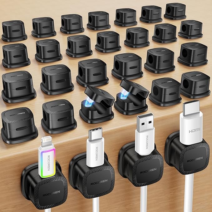 30-Pack Magnetic Cable Clips Cord Organizer,Cable Straps Smooth Adjustable,Rocoren Cable Management Accessories,Cable Holder Clips Wire Holder Keeper for Desktop,Nightstand,Home Office,Workspace,Phone
