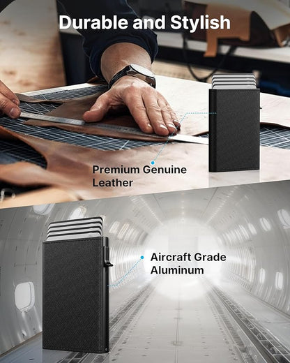typecase Mens Wallet Card Holder: Pop Up Aluminum Case, Genuine Leather, Smart, RFID Blocking, Slim, Minimalist, Front Pocket - 9-14 Card Capacity | ID Window | Cash Slot (Cross Black)