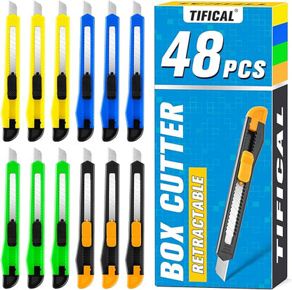 TIFICAL 48 Pack 9mm Box Cutter Retractable Utility Knife, Razor Knife for Cartons, Box Opener, Disposable Exacto Knife for Home, School use