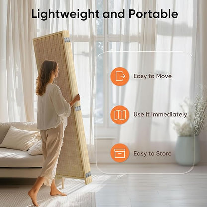 JOSTYLE Room Divider Folding Privacy Screen, 6 Panel Room Divider Screen - 6 ft. Tall Bamboo Divider Panel for Room Separation Freestanding Partition Wall, Beige