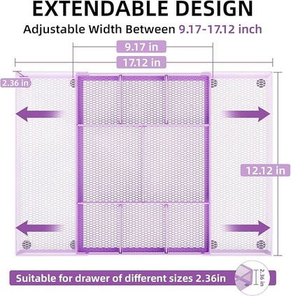 Marbrasse Expandable Desk Drawer Organizer, Mesh Drawer Organizer Tray with 10 Adjustable Compartments, Desk Organizers and Accessories for Office Supplies, Makeup & Vanity (Expandable-Purple)