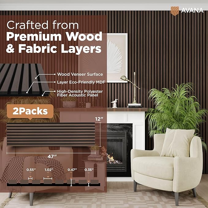 Avana Acoustic Wood Wall Panels – 47.2 x 12.6 Inch Dark Walnut Oak Acoustic Panels 2 PCs – Modern Wall Panels For Interior Wall Decor For Home, Office, Studio – Sturdy And Durable Wood Panels For Wall