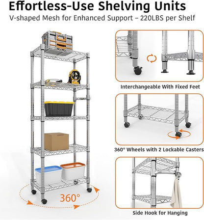 Metal Storage Shelves 5 Tier with Wheels, 1100 LBS Adjustable Wire Shelving Rack Shelves Units with Side Handle for Hanging, Rolling Shelf Organizer for Kitchen Garage, 11.8" W x 23.6" D x 61"H,Silver
