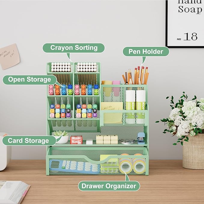 Marbrasse Mesh Pen Holder for Desk, Multi-Functional Pencil Organizer with Drawer, Desk Organizers and Accessories for Office Art Supplies (Green)