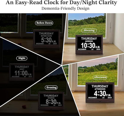 7'' Dementia Clock For Seniors, Large Display Digital Clock With Date, Time, Day Of Week for Elderly, Alzheimer, 1024*600P HD, 10 Reminders & 6 Alarms, Auto Dimming & DST, Remote Control, Brown