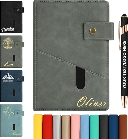 ENOMY Personalized Notebook & 10 PC Pens Set A5 Notebook with Ribbon Bookmark PU Leather Custom Notebook Cover for College Graduation Birthday Business Gifts, Gray