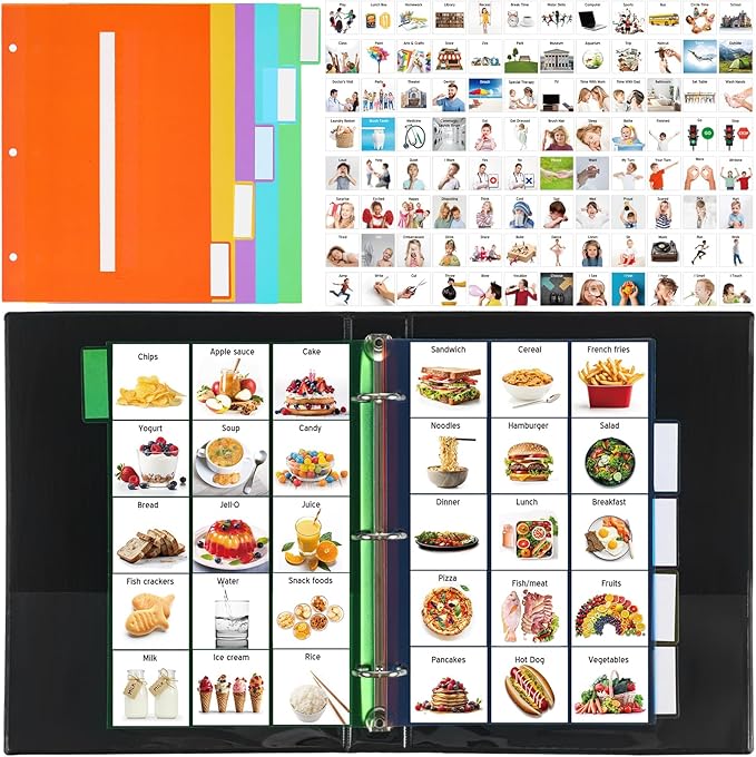 Communication Book Bulk 162 Laminate Icon Picture Cards with 5 Multicolor Dividers 1 Sentence Strip for Autism Vocabulary Language Speech Articulation Learning Supplies(Real)