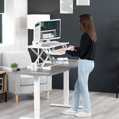 VIVO 36 inch Desk Converter, K Series, Height Adjustable Sit to Stand Riser, Dual Monitor and Laptop Workstation with Wide Keyboard Tray, White, DESK-V036KW