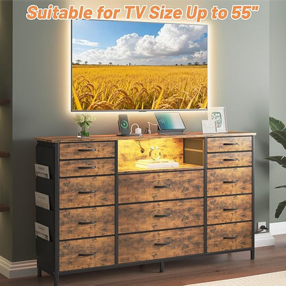 HCHQHS 47 Inch Dresser for Bedroom with 13 Drawers,Side Pockets Hooks and Lights with Remote Control,Hallway,Closet,Kitchen,Large TV Stand (Rustic Brown)