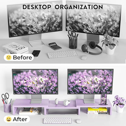 BONTEC Dual Monitor Stand Riser with Smartphone Holder, Adjustable Length & Swivel Angle, Ergonomic Wooden Desktop Organizer for PC Monitor, Laptop, Printer, Large Storage, Purple