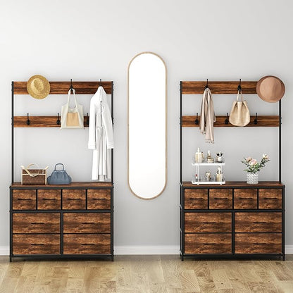 YKVIQBY 8 Drawer Dresser with 6 Double Hooks, 68.9" Tall Closet Organizer and Storage, Fabric Dresser for Bedroom, Nursery, Closet, Space-Saving Freestanding Storage Cabinet (Rustic Brown)