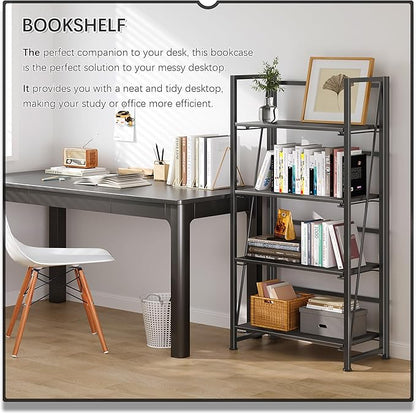 4NM No Assembly Folding Bookshelf Storage Shelves 4 Tiers Vintage Bookcase Standing Racks Study Organizer Home Office (All Black)