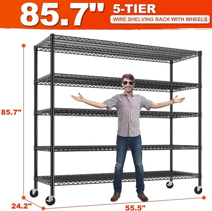 REIBII 85.7"H Garage Shelving 2998LBS Storage Shelves with Wheels&Feet,5 Tier Garage Shelves Heavy Duty Adjustable Wire Shelving for Basement Commercial Industrial Pantry, 85.7"H X 55.5"W X 24.2"D
