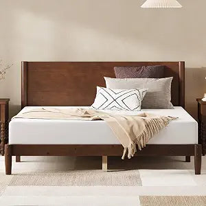 Solid Wood Queen Bed Frame, Mid Century Bed with Headboard, Walnut