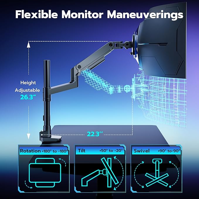 ARES WING Single Monitor Arm Desk Mount for 17-49 Inch Ultrawide Monitors, Heavy Duty Single Monitor Arm Holds 44 lbs, Full Motion Gas Spring Vertical Desk Mount, 75/100 VESA Mount, Black