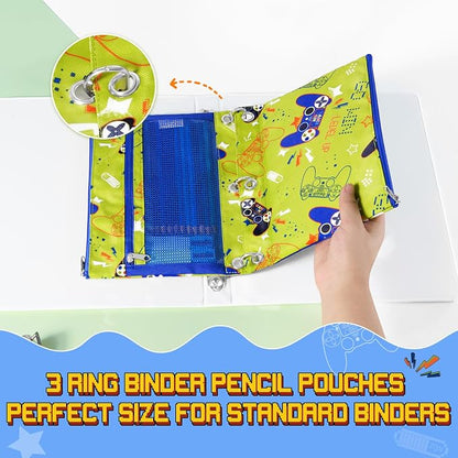 WAWSAM Game Pencil Pouch for 3 Ring Binder, Zipper Pencil Pouch for Boys | 2 Pocket Clear Window Pencil Case, 3 Ring Pencil Pouch for School Supplies, Pencil Bags for Office College