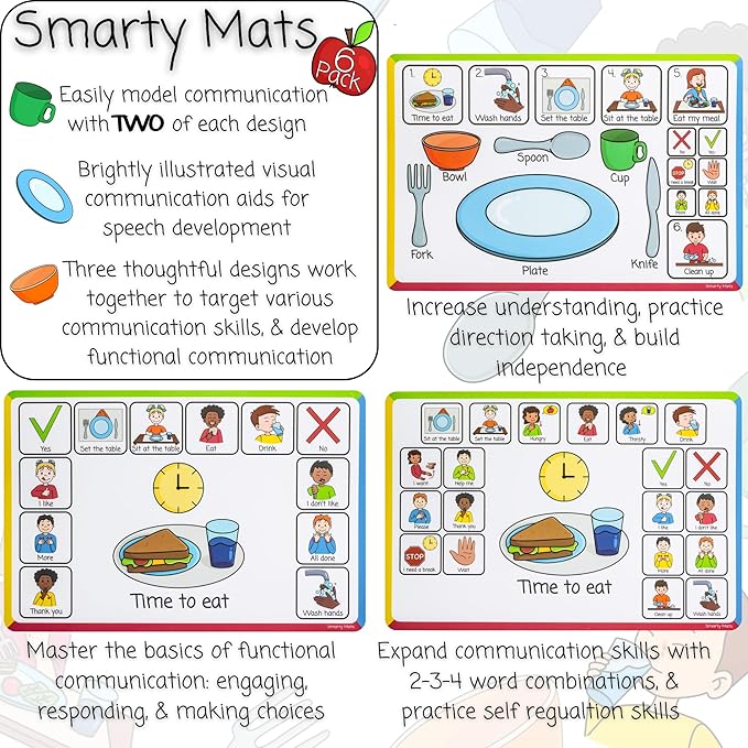 Speech Therapy Placemats for Autism & Non-Verbal Kids (6 Pack) – Visual Communication Boards, ABA Therapy Tools, Toddler Speech Delay Aids – Smarty Mats Waterproof Wipe-Clean Mealtime Mats