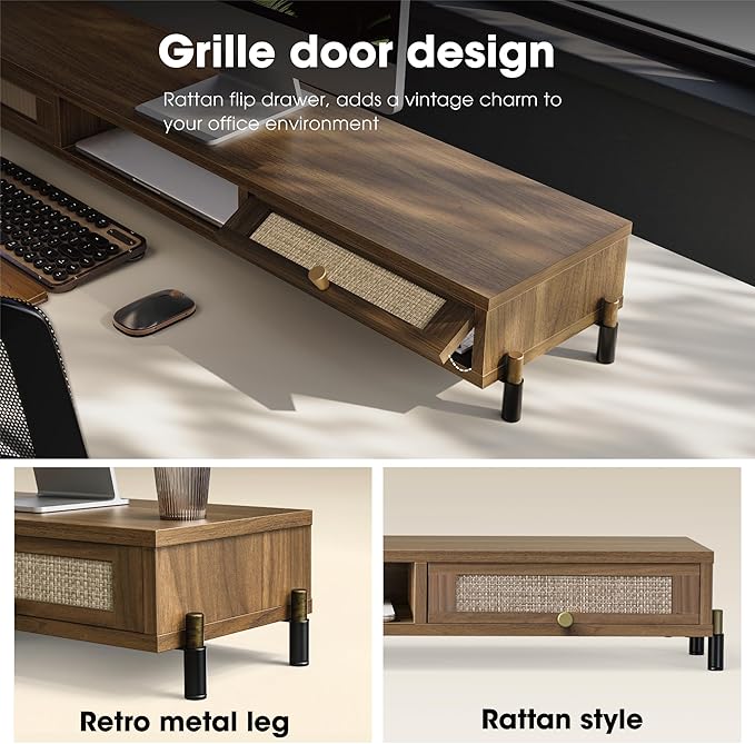 Fenge Dual Monitor Stand for Desk - Long Wooden Riser With Rattan Woven Drawer, 2 Tier Desk Shelf for 2 Monitors, Vintage Computer Stand for Laptop, Printer, TV