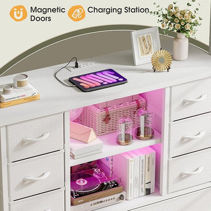 EnHomee Dresser for Bedroom with Drawers, Charging Station & LED Light, Large White Dresser for Hallway, Living Room, Entryway, Wooden Top, Metal Frame, 50.6" H x 37.8" W x 11.8" D