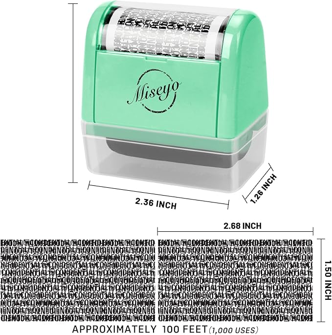Miseyo Wide Identity Theft Protection Roller Stamp Set - Mint Green (3 Refill Ink Included)