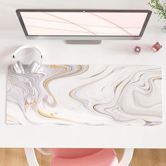 QIYI White Mouse Pad, Cute Marble Large Desk Mat, PU Leather Desk Protector Mousepad, Gold Grey Striped Waterproof Computer Keyboard Gaming Mouse Pads, Non Slip Extended Writing Pad 31.5" x 11.8"