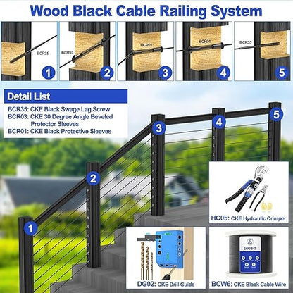 CKE 40 Pack T316 Stainless Steel Black Protector Sleeves for 1/8" 5/32" or 3/16" Cable Deck Stair Railing Kit System, Black Cable Railing Protective Sleeves for Wood Posts, DIY Balustrade, BCR01-3/16