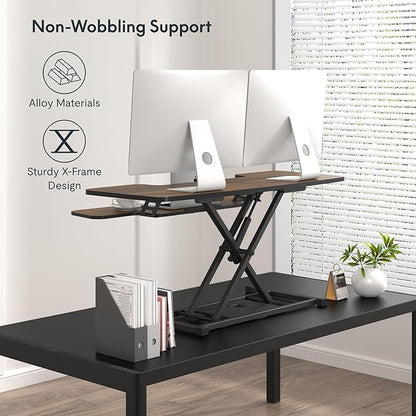 FLXISPOT 42" Standing Desk Converter Sit to Stand up Riser Height Adjustable Monitor and Laptop Workstation with Spacious 2-Tier Desktop, Walnut Color