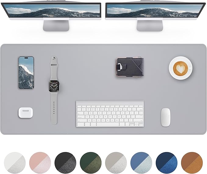 Leather Desk Pad Cover- 48" x 17" Office Desk Protector, Non-Slip PU Leather Mouse Pad, Waterproof Blotter Mat for Home (Light Grey)