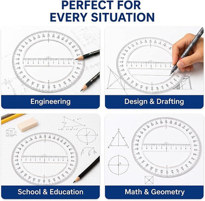 Zonon 2 Pack 360 Degree Protractor, 6 Inch Multifunctional Drawing Ruler Rotatable Mathematical Function Math Geometry Ruler Set, Large Clear Circle Protractor Drafting Tools for Engineering(Classic)