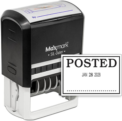 MaxMark Large Self-Inking Rubber Date Office Stamp with Posted Phrase & Date - Black Ink, 12-Year Band - Style 3