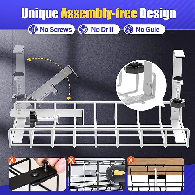 Under Desk Cable Management Tray 2 Pack, Xpatee Upgraded Wire Management No Drill No Screws, Cable Tray with Clamp for Wire Organizers, Computer Cord Rack for Office, Home - No Damage to Desk White