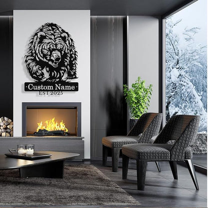 Custom Bear Metal Sign, Custom Bear Metal Wall Art Decor, Personalized Last Name Signs for Home, Rustic Farmhouse Black Wall Decor for Cabin, Bedroom, Living Room, Porch