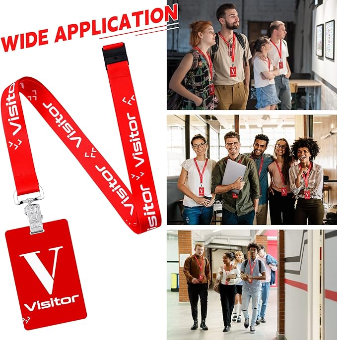 PerKoop 25 Pack Visitor Badge Lanyards Volunteer Badge Holder with Clips ID Card Holder with PVC Pass Card Reusable Breakaway Lanyards for Company Exhibition Guest Visitor(Red)
