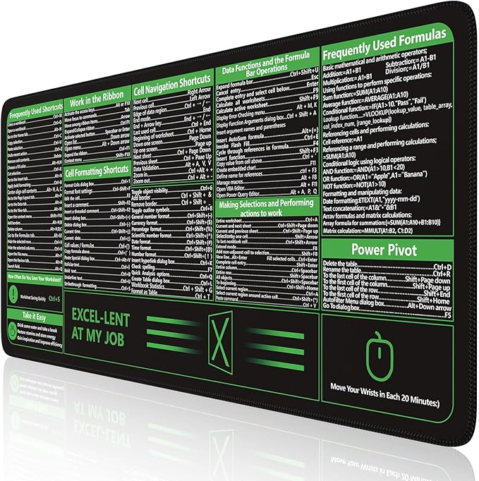 iCasso Excel Cheat Sheet Desk Pad, Excel Mouse Pad Shortcuts, Excell Short Cut Desk Mat, Extended Large XXL Non-Slip Exel Mousepad with Stitched Edges for Computer Keyboard